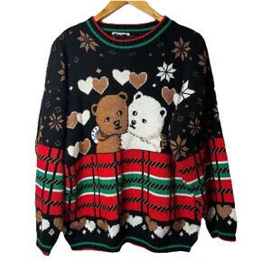 Vintage Christmas Sweater Fits M/L Plaid Bears Hugging Holiday Party